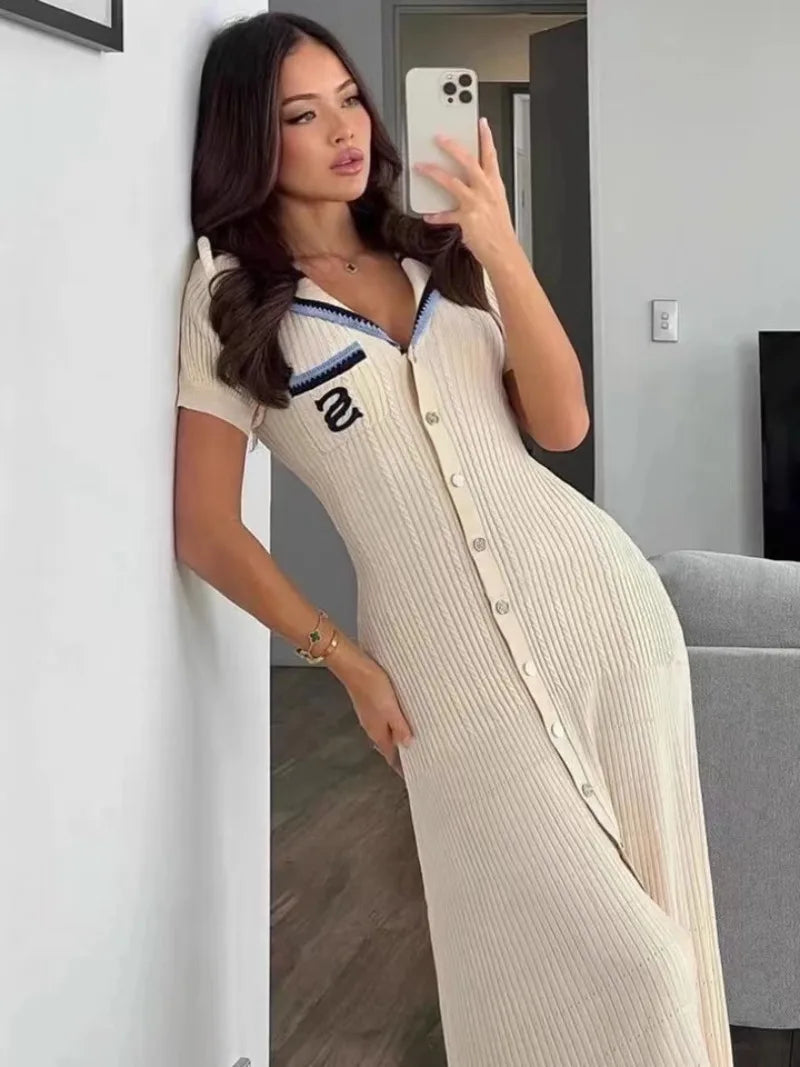 Women’s Elegant Slim Knitted Long Dress – Vintage Designer Single-Breasted Maxi