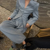 V-Neck Blazer & Wide-Leg Pants Set | Women’s Single-Breasted Pocket Jacket & Trousers