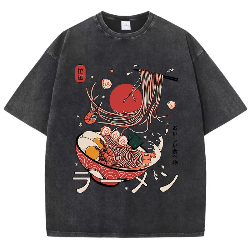 Ramen Nudeln gewaschenes Baumwoll-T-Shirt | Harajuku Grafik-T-Shirt für Damen