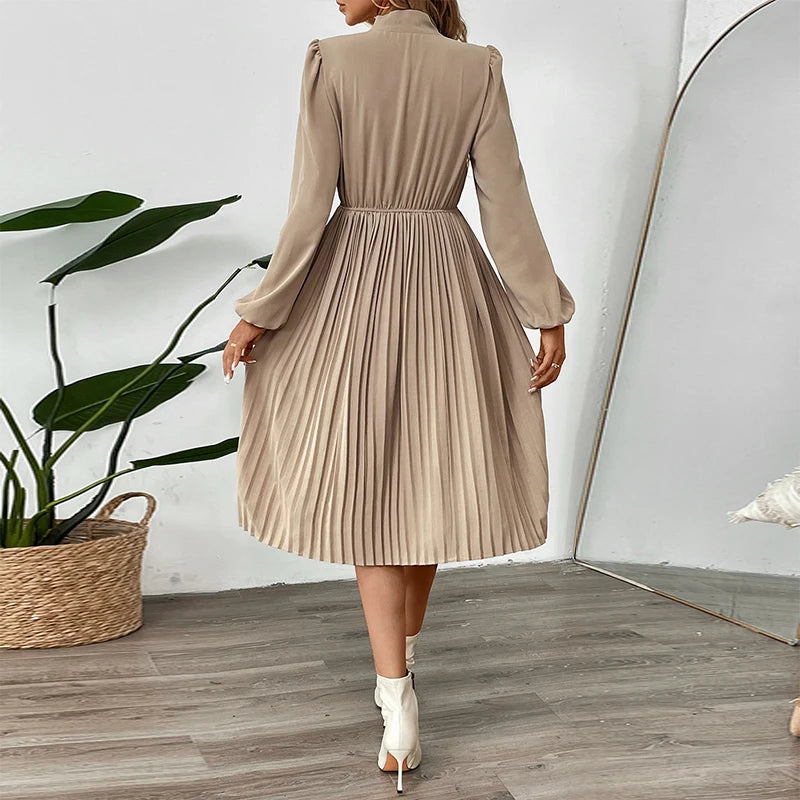Elegantes plissiertes langes Kleid mit Schleifengürtel, einfarbig, hoher Taille, Business & Pendler-Stil