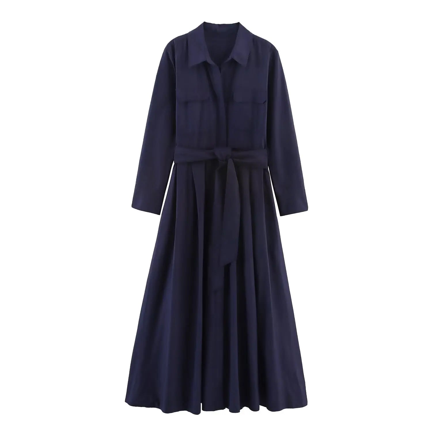 Elegantes Hemdkleid mit Reverskragen, Gürtel, langen Ärmeln, Einreiher, Herbst, Maxi