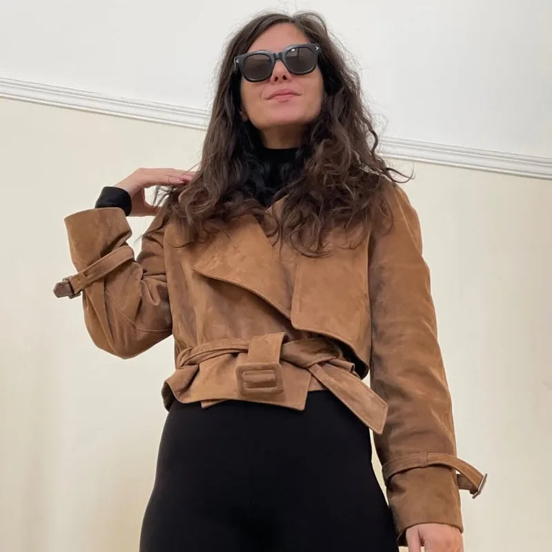 Vintage Wildlederjacke für Damen – Herbstmode Schnür-Mantel Schmale Passform