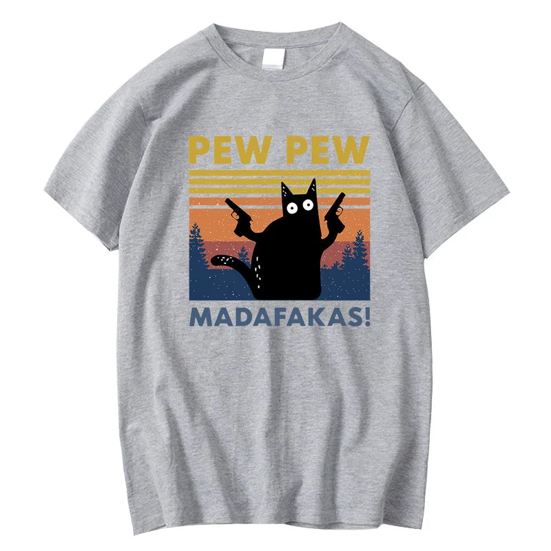 Baumwolle Kurzarm Pew Pew Madafakas Lustige Katze T-Shirt – Neuheit Grafik-T-Shirt für Herren