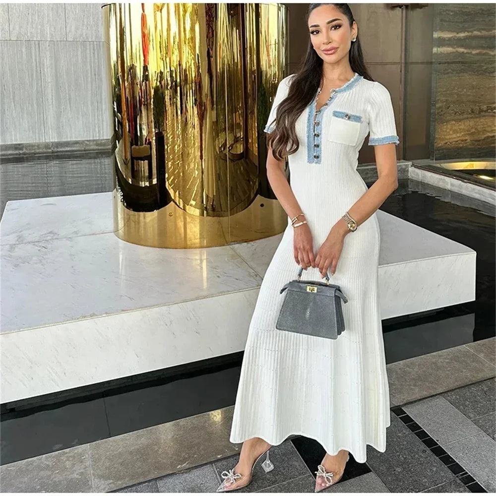 Elegant Knit Contrasting Maxi Dress O-Neck Short Sleeve Metal Button Office Lady Robe