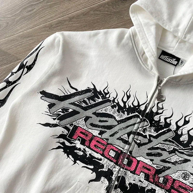 Hellstar HS Flame Glitter Zip-Up Hoodie – Beige Fleece Unisex Sweatshirt