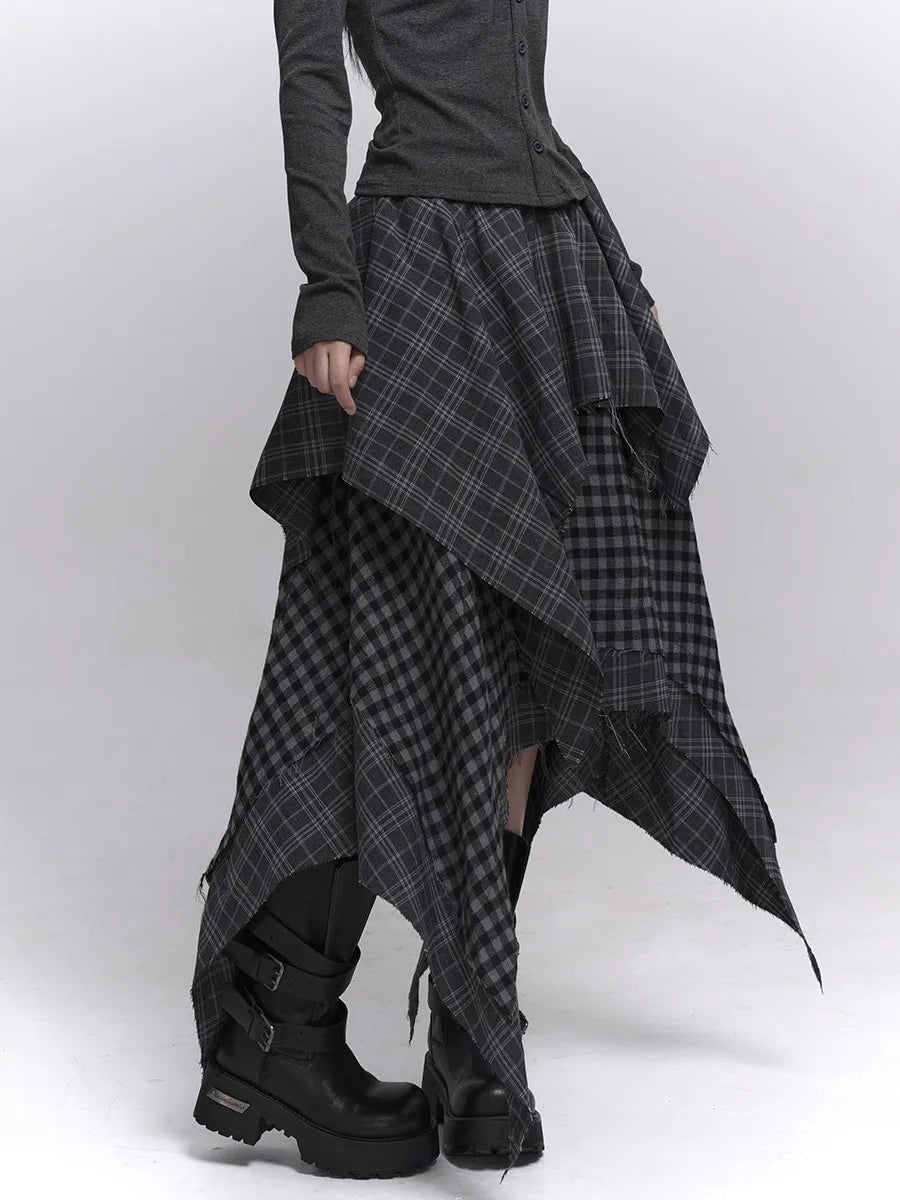 Acubi Fashion Karierter Asymmetrischer Rock | Damen Alt Goth Maxi mit elastischem Bund