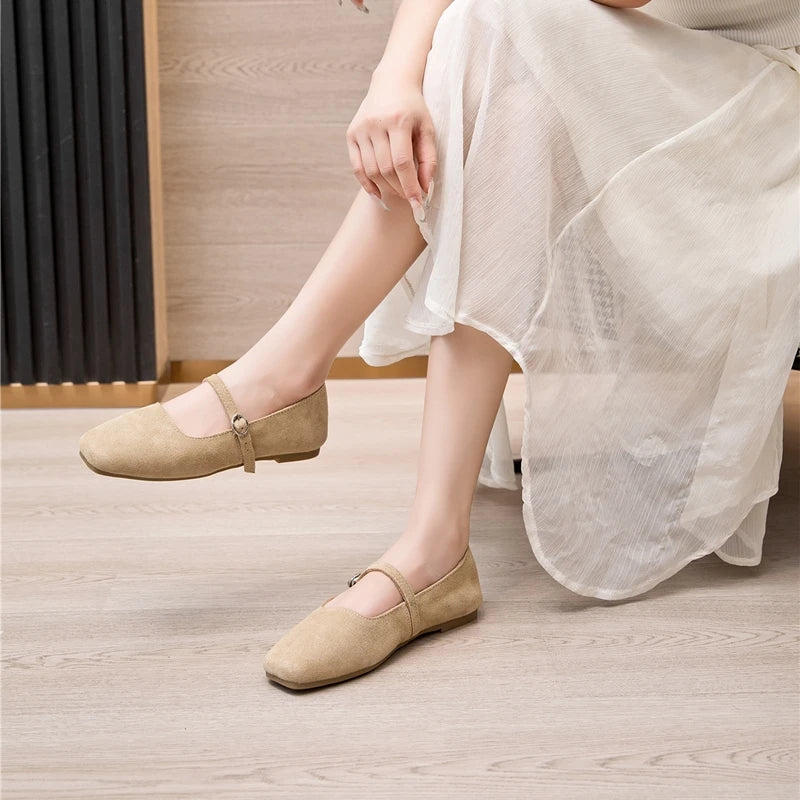 Women’s Genuine Leather Mary Jane Shoes – Square Toe Ballet Flats