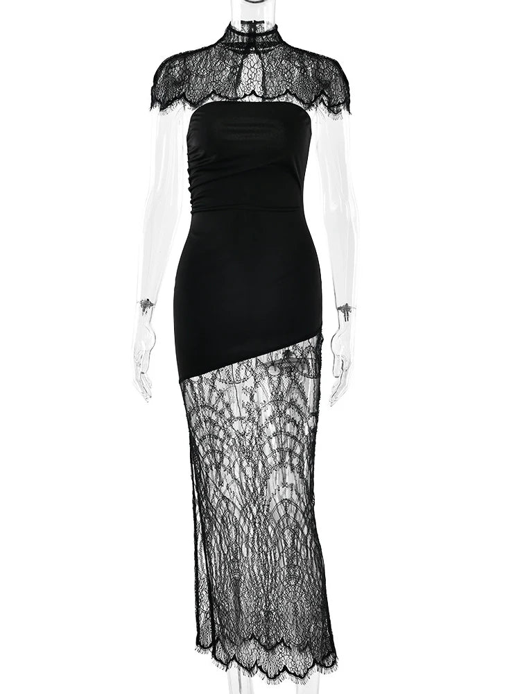 Women’s Sexy Strapless Sheer Lace Two-Piece Set – Turtleneck Hollow-Out Patchwork Dress