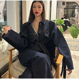 Damen-Jeansjacke mit Gürtel – Eleganter einreihiger Jeansmantel mit langen Ärmeln