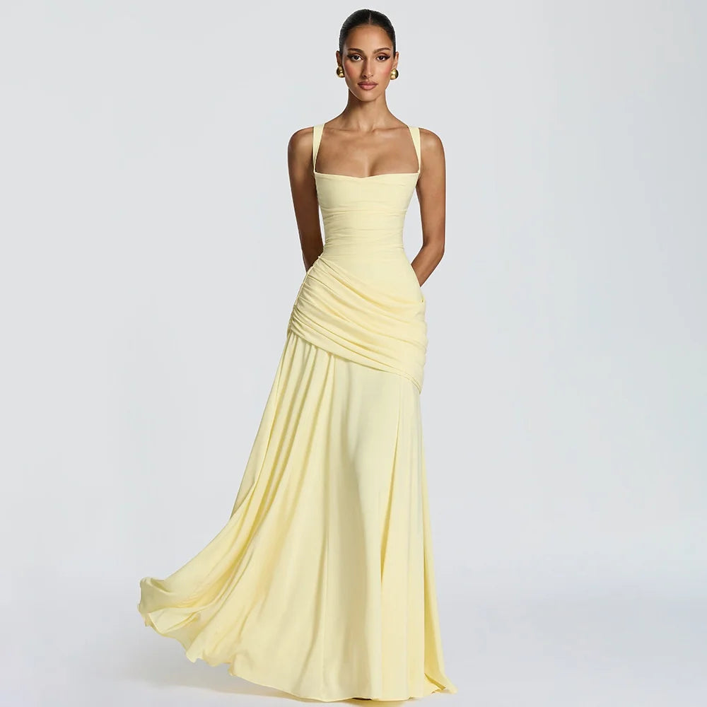 Women’s Solid Square Neck Pleated Sling Dress