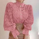 Women’s High Neck Long Sleeve Lace Blouse | Elegant Hollow Paneled Sleeve Top