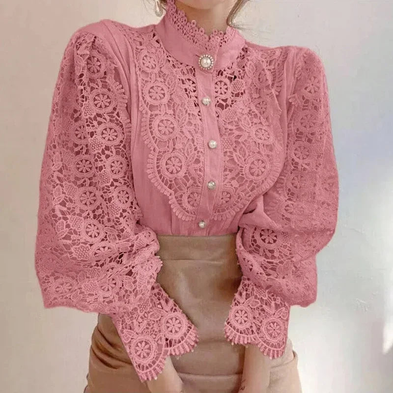 Women’s High Neck Long Sleeve Lace Blouse | Elegant Hollow Paneled Sleeve Top