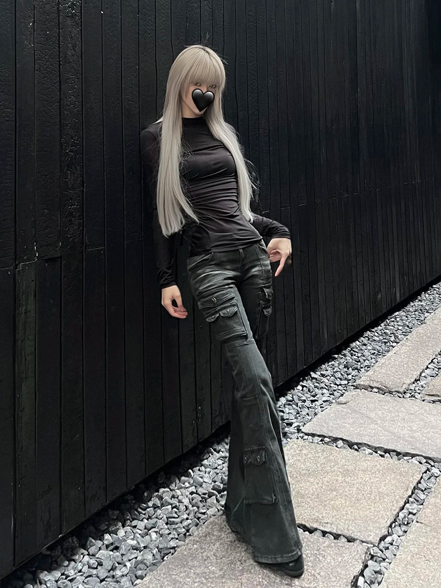 Acubi Fashion Black Flare Jeans for Women | Retro Whiskers Low-Rise Cargo Pants