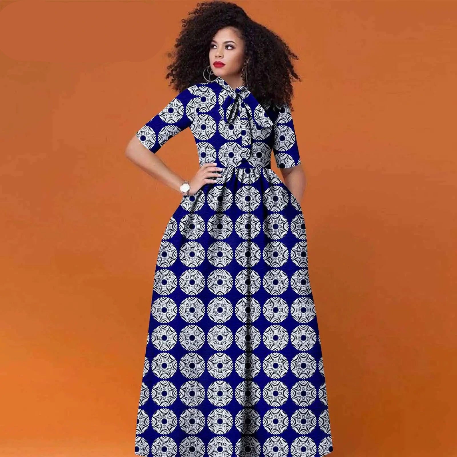 Afrikanisches Ankara Maxikleid für Damen | Halbarm High Waist Kleid mit traditionellem Print
