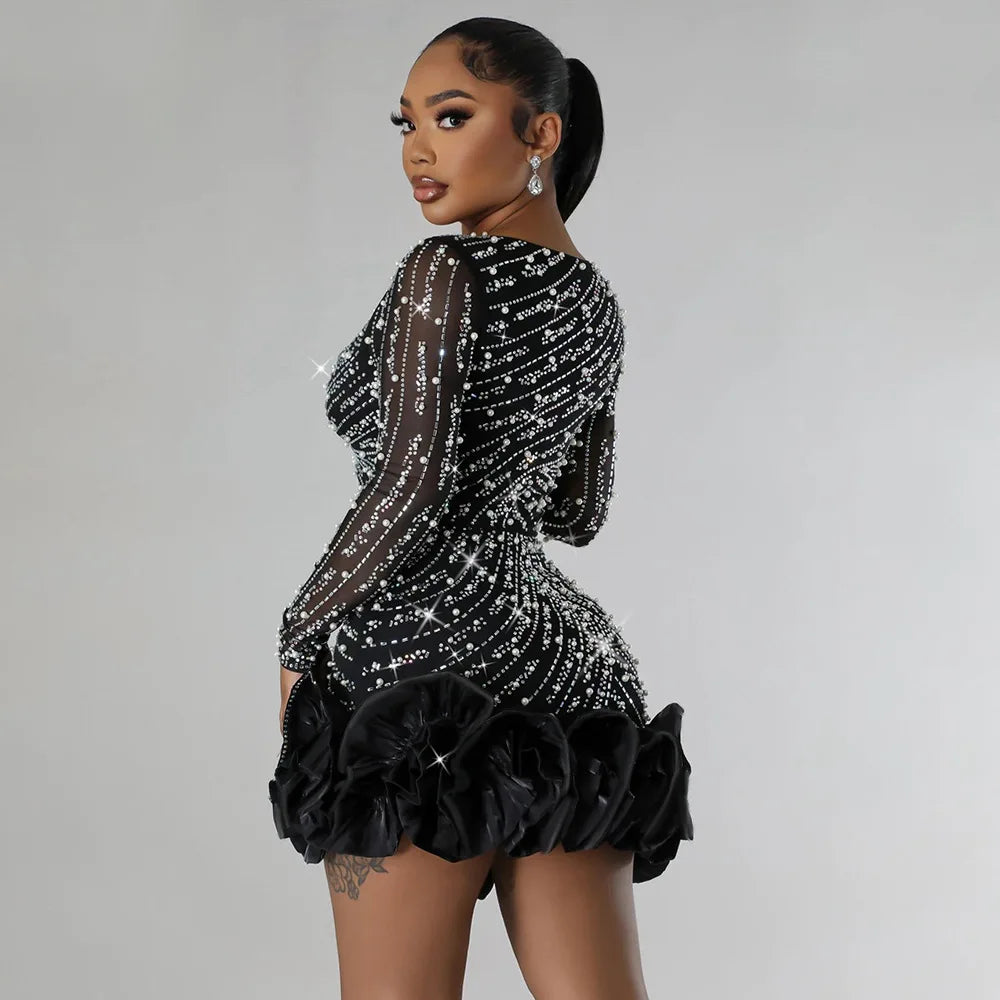 Sexy Langarm Rüschen Minikleid – Glitzerndes Hot-Drilling- & Perlenbesetztes Geburtstagskleid