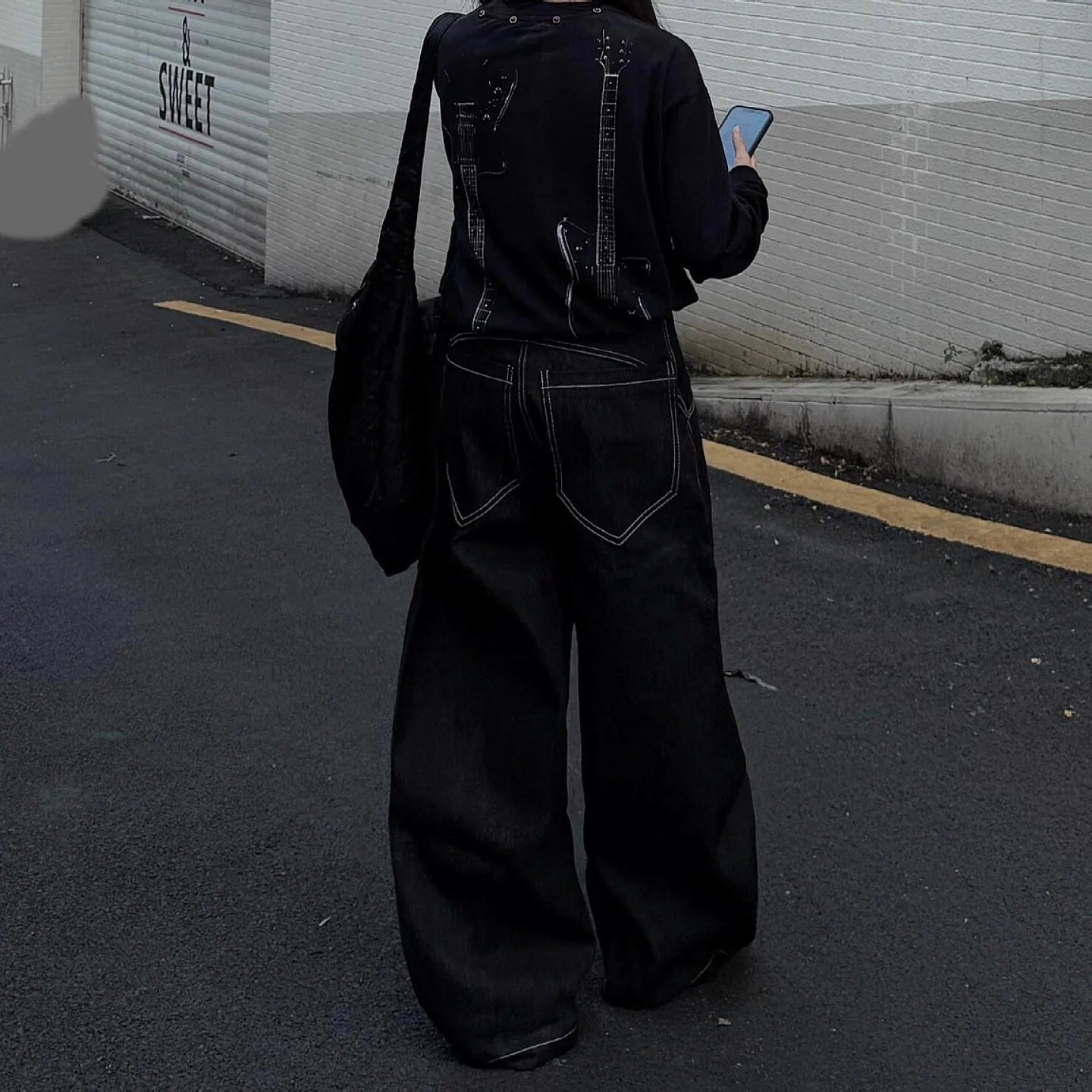 Damen Jeans mit mehreren Knöpfen, geschwungenem weitem Bein | Vintage Street Style gerade Hose