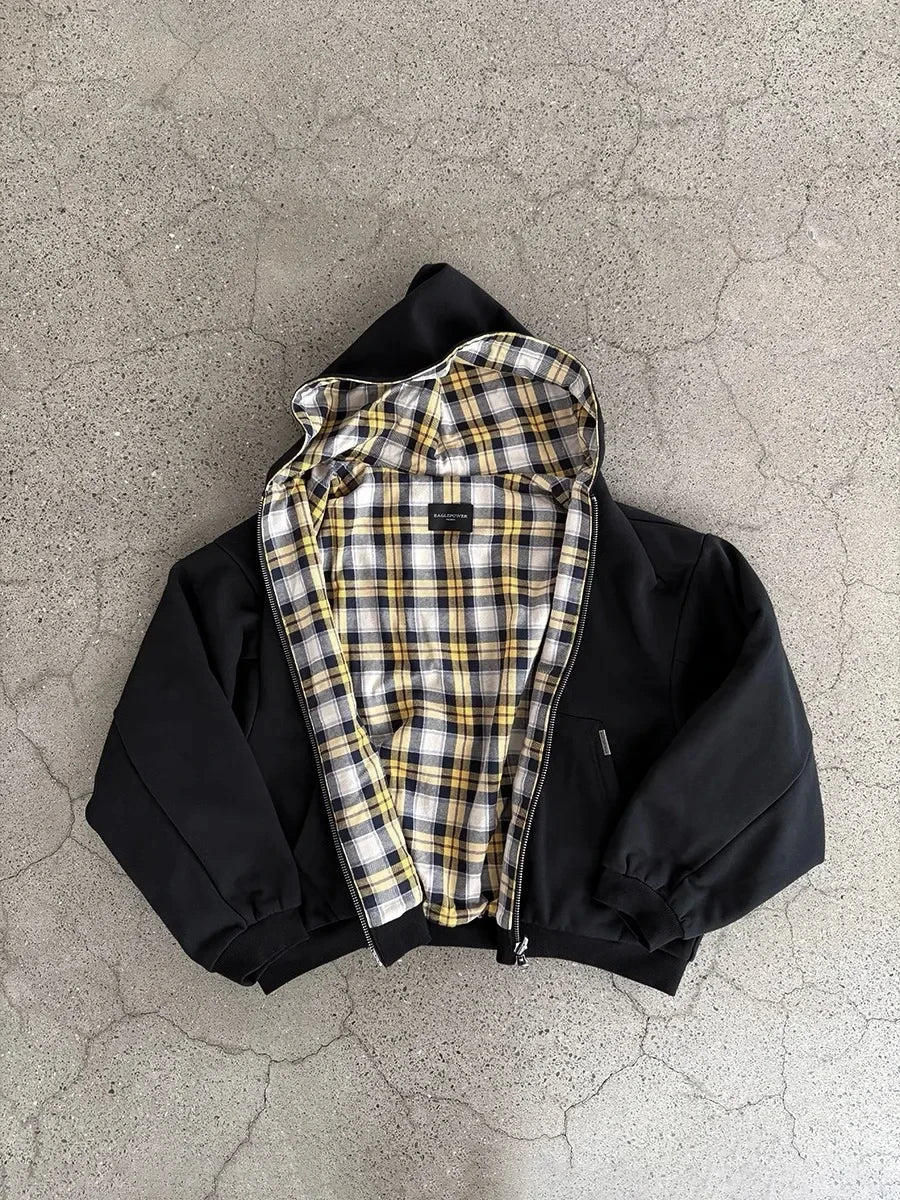 Men’s Reversible Zip-Up Hoodie – Oversized Plaid Lined Streetwear, Solid Color Retro Sweatshirt