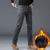 Herren Warme Winterjeans – Schmale, gerade geschnittene Jeans mit Fleecefutter