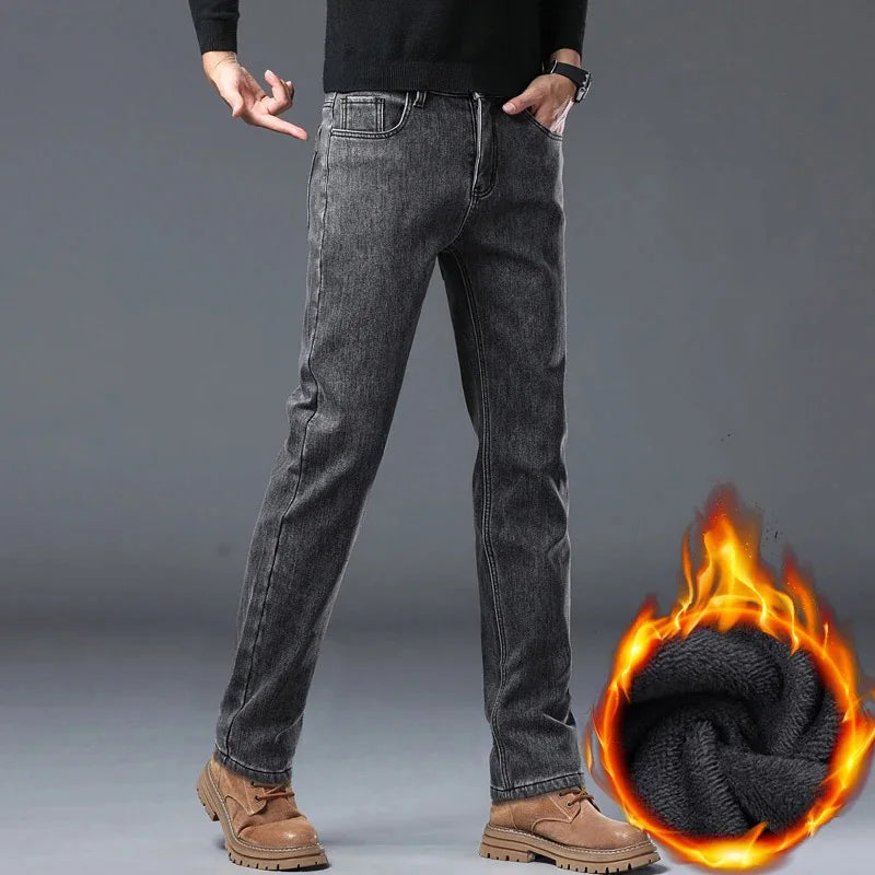 Herren Warme Winterjeans – Schmale, gerade geschnittene Jeans mit Fleecefutter