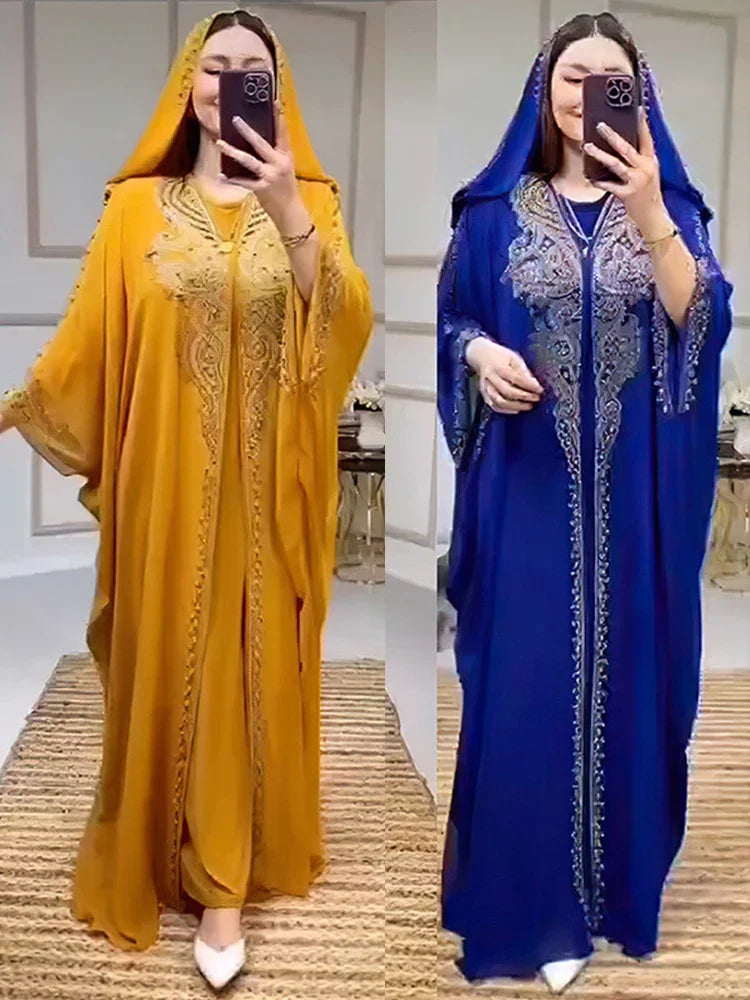 Muslimische Kleider für Frauen – Kapuzenabaya 2-teiliges Set – Diamant-Jalabija-Partykleid