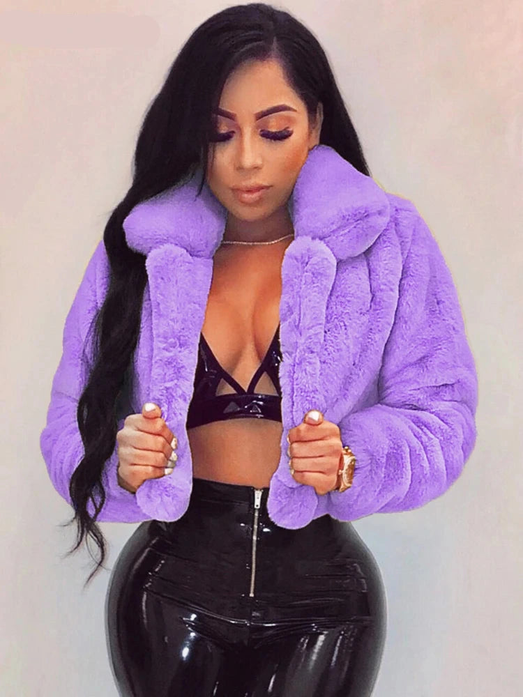 Women's Faux Fur Crop Jacket – Elegant Open Front Lapel Shaggy Fluffy Short Jacket