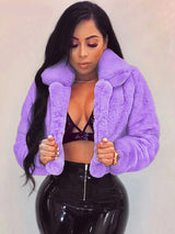 Women's Faux Fur Crop Jacket – Elegant Open Front Lapel Shaggy Fluffy Short Jacket