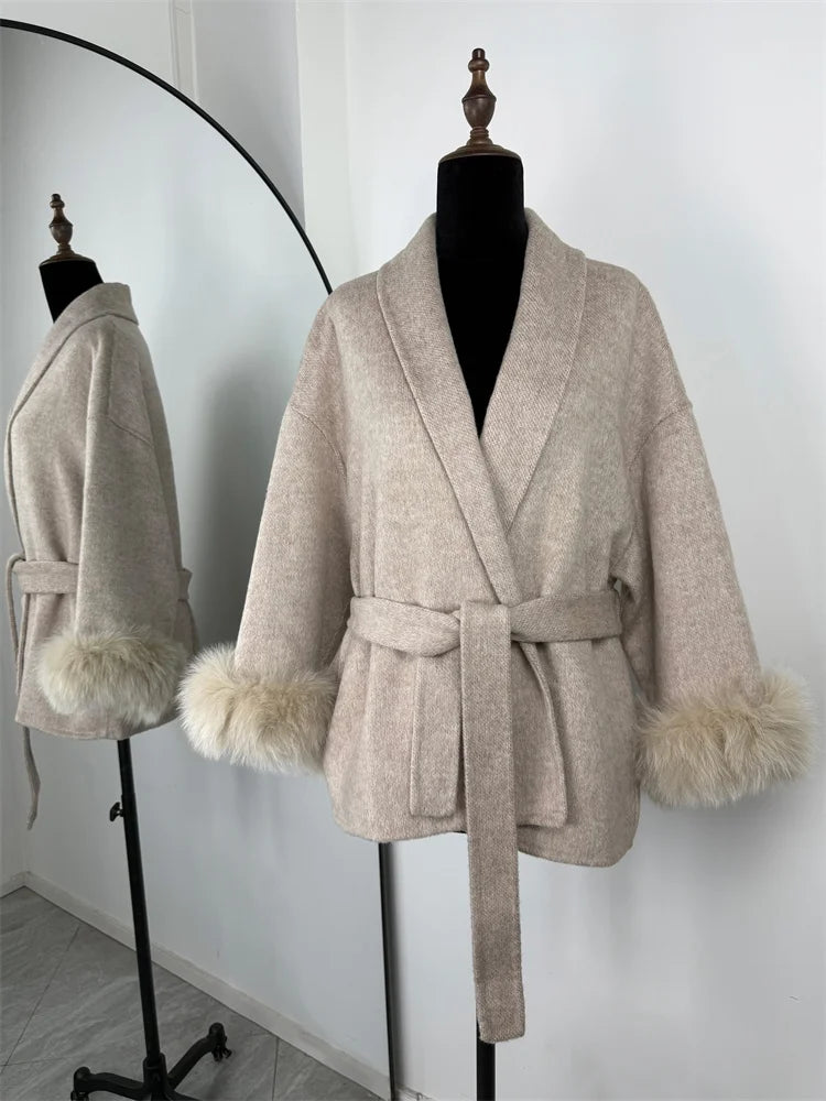 Luxuriöser Fuchsfell-Woll-Wintermantel für Damen – Eleganter doppelseitiger Wollmantel für Frauen,