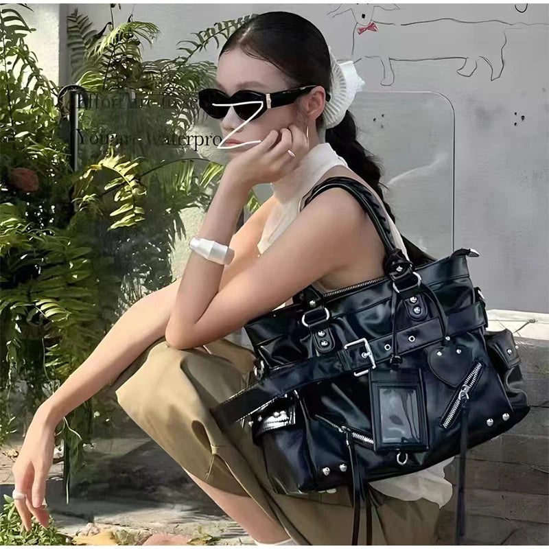 The Noir-Rebel Silhouette Retro Pleated Motorcycle Bag