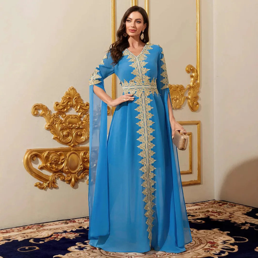 Eid Partykleid für Frauen – Luxuriöse Abaya Muslim Maxi – Langärmeliger Ramadan Kaftan Robe