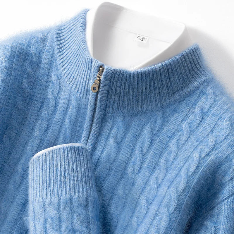 Men’s 100% Pure Cashmere Zipper Sweater – Thickened Warm High Collar Pullover
