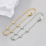 925 Silver Plated Four-Leaf Flower Bracelet - Shiny CZ Zircon Floral Link Chain