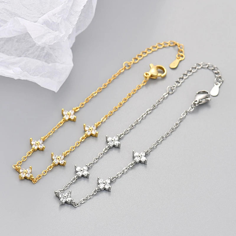 925 Silver Plated Four-Leaf Flower Bracelet - Shiny CZ Zircon Floral Link Chain