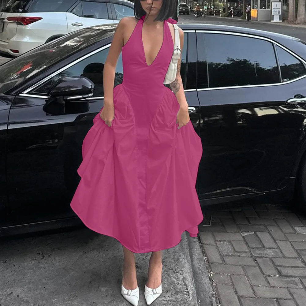 Women’s Sexy Backless Deep V-Neck Maxi Dress – Spliced Halter Sleeveless Dress