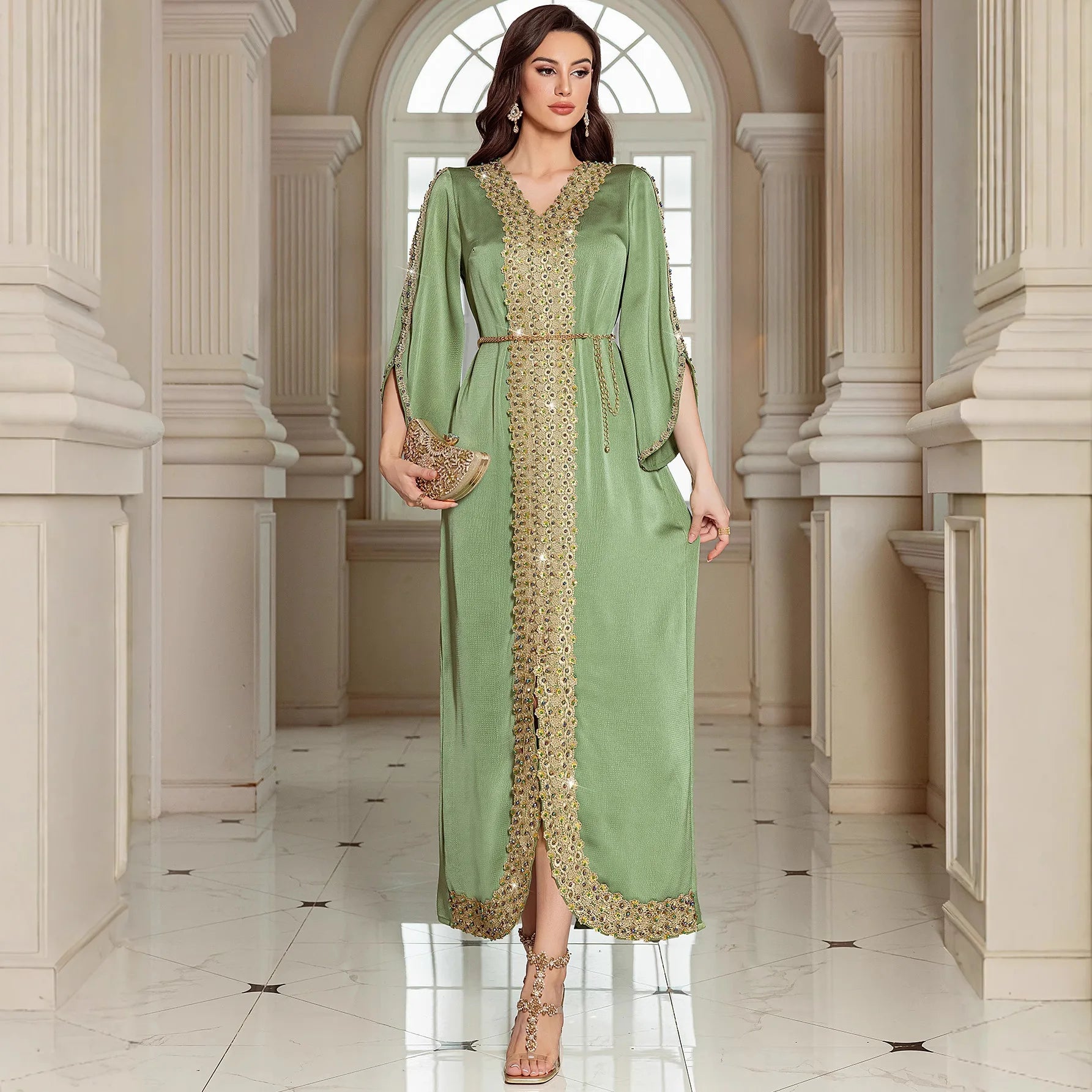 The "Emerald Lace" Gown – Signature Diamond & Beading Long Robe – Luxury Morocco Party Kaftan