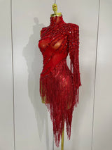 Glitzerndes Strass-Fransen-Minikleid – Sexy One-Shoulder-Durchsichtige Robe – Lateinamerikanischer Tanz-Performance-Outfit
