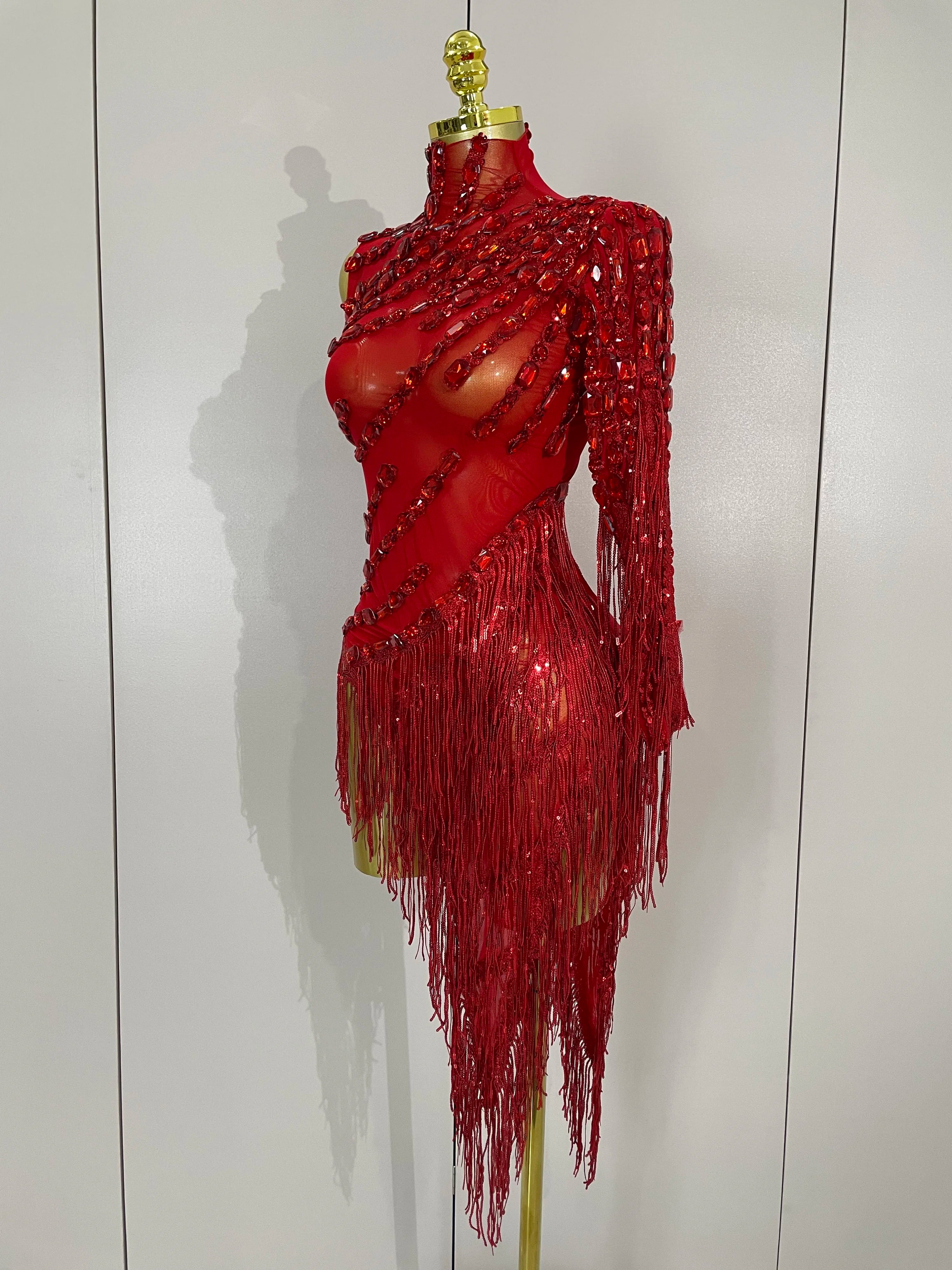 Glitzerndes Strass-Fransen-Minikleid – Sexy One-Shoulder-Durchsichtige Robe – Lateinamerikanischer Tanz-Performance-Outfit