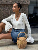 Knitwear Hollow Out Women’s V-Neck Long Sleeve See-Through Cropped Top