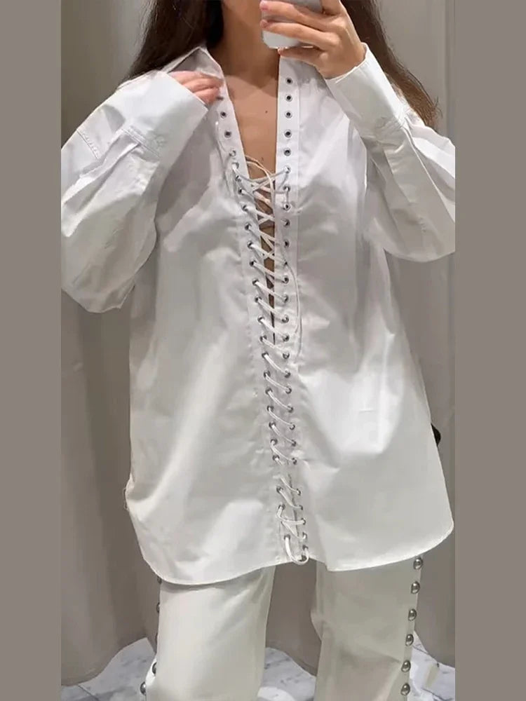 Damen Oversize-Hemd mit Revers – Y2K Webstoff Kordelzug Bluse