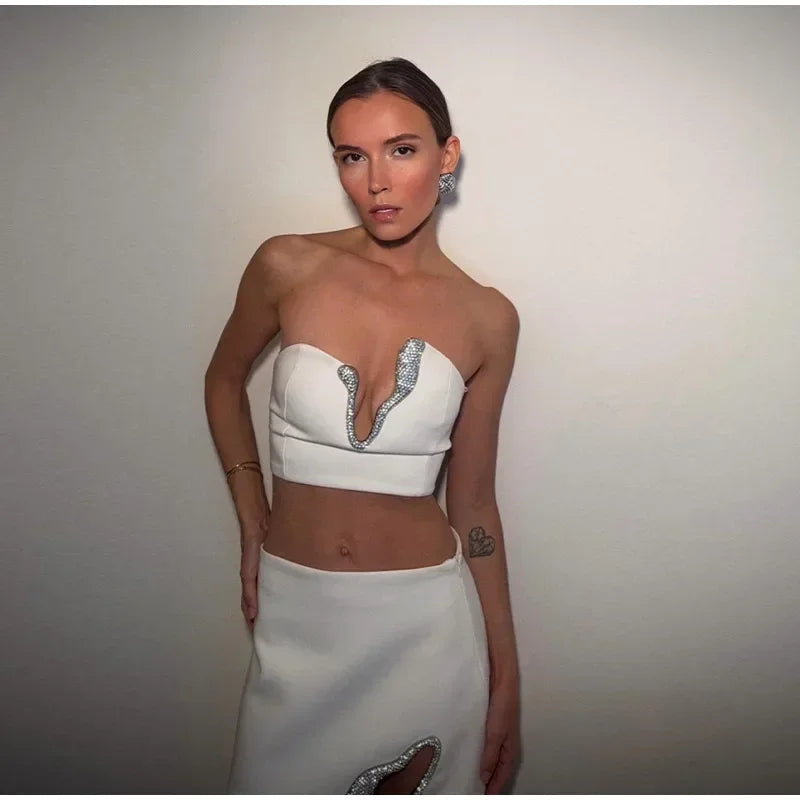 Women’s Rhinestone Summer Strapless V-Neck Tube Top & Hip-Package Skirt Set
