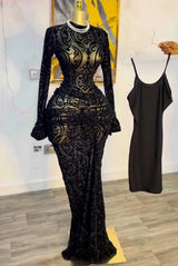 Damen gestapeltes Mesh-Bodycon-Kleid – sexy durchsichtiges Langarm-Abendkleid mit Futter