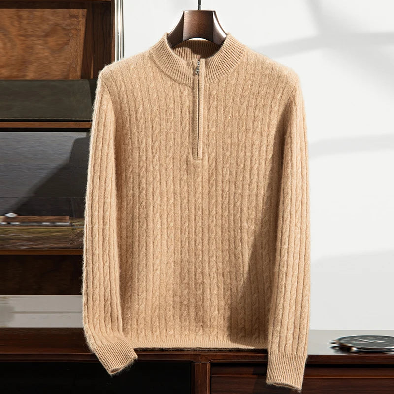 Men’s 100% Pure Cashmere Zipper Sweater – Thickened Warm High Collar Pullover