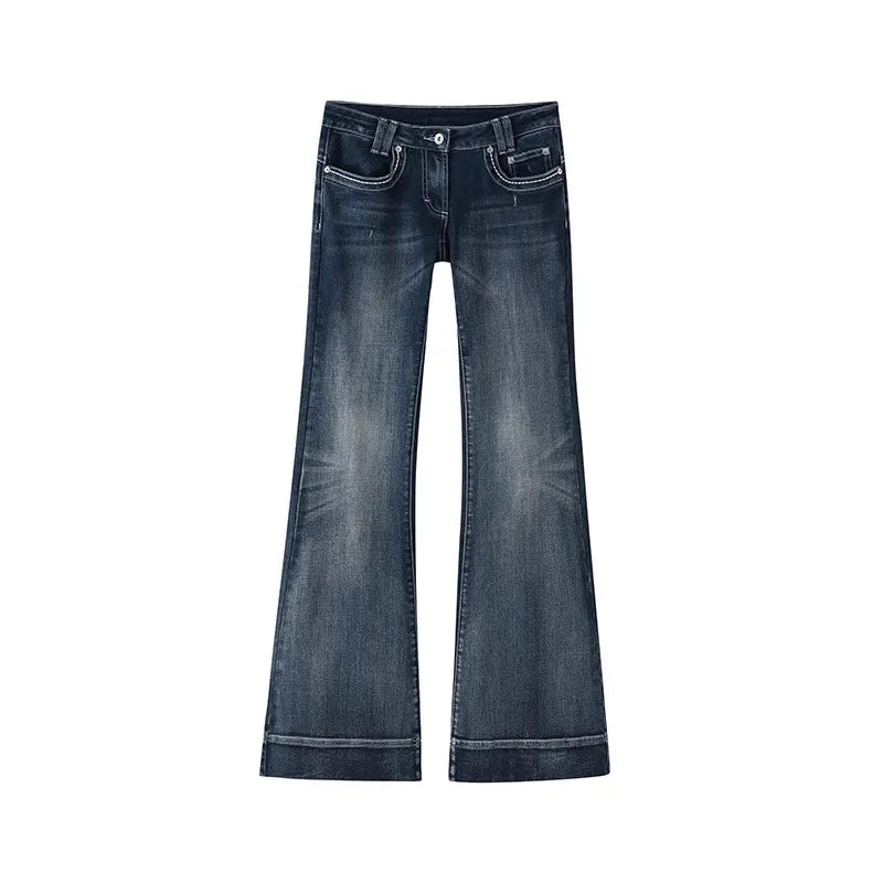 Y2K Vintage Damen Low-Waist Jeans | Unifarbene Washed Denim Hose