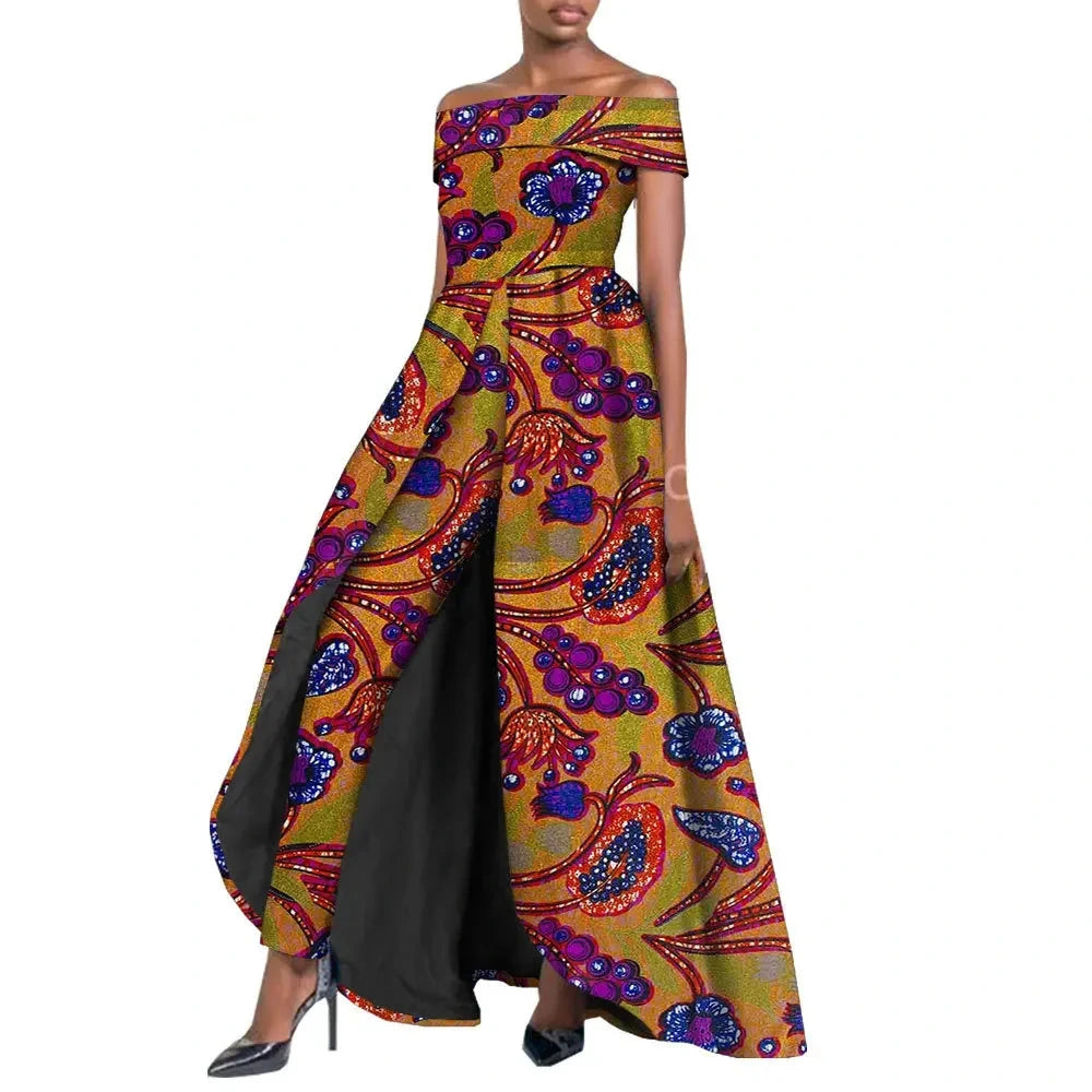 High-Split Long Dress and Ankara Pants, Traditional Dashiki Wax Print Outfit