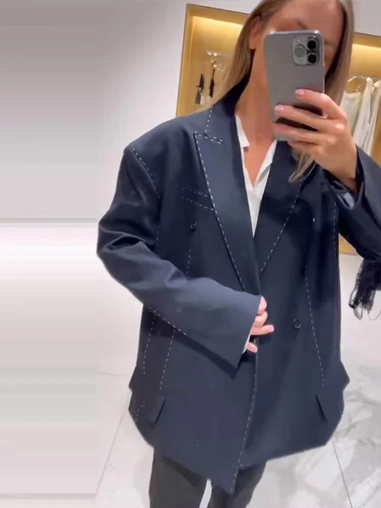 Women’s Casual Black Blazer – Loose Fit Double-Breasted Jacket