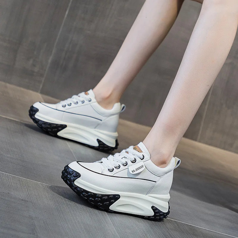 Damen 7cm Leder Plateau Keil-Sneakers – 3 Zoll klobige Absatzschuhe