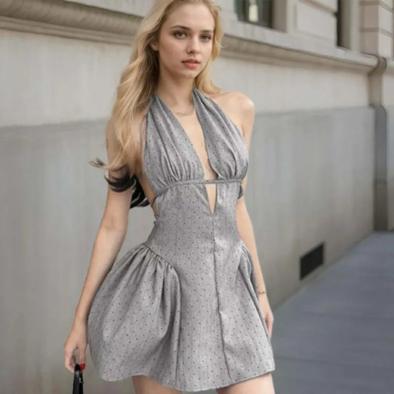 Sexy Damen Mode Rückenfreies Neckholder Kleid – Niedrig Tailliertes A-Linien Minikleid