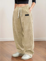 Women's Corduroy Pants Texture Straight-Leg Trousers with Drawstring Waist & White Piping