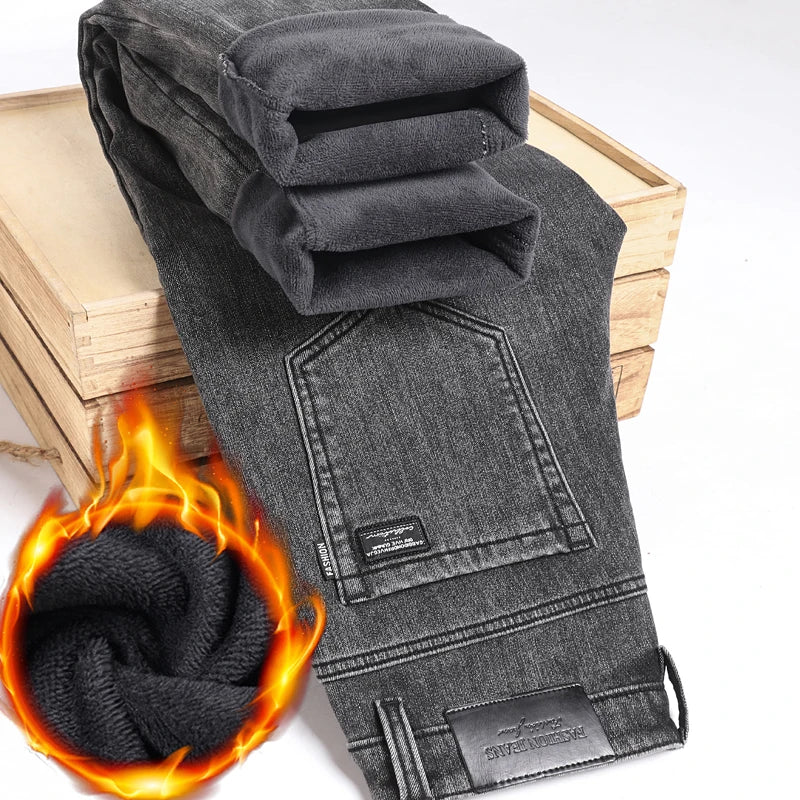 Herren Warme Winterjeans – Schmale, gerade geschnittene Jeans mit Fleecefutter
