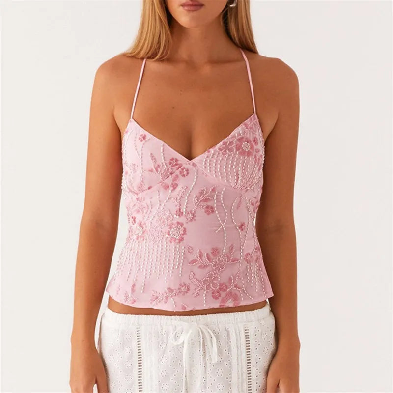 Women’s Y2K Sequin Halter Crop Top – Pearl Embellished Glitter Cami