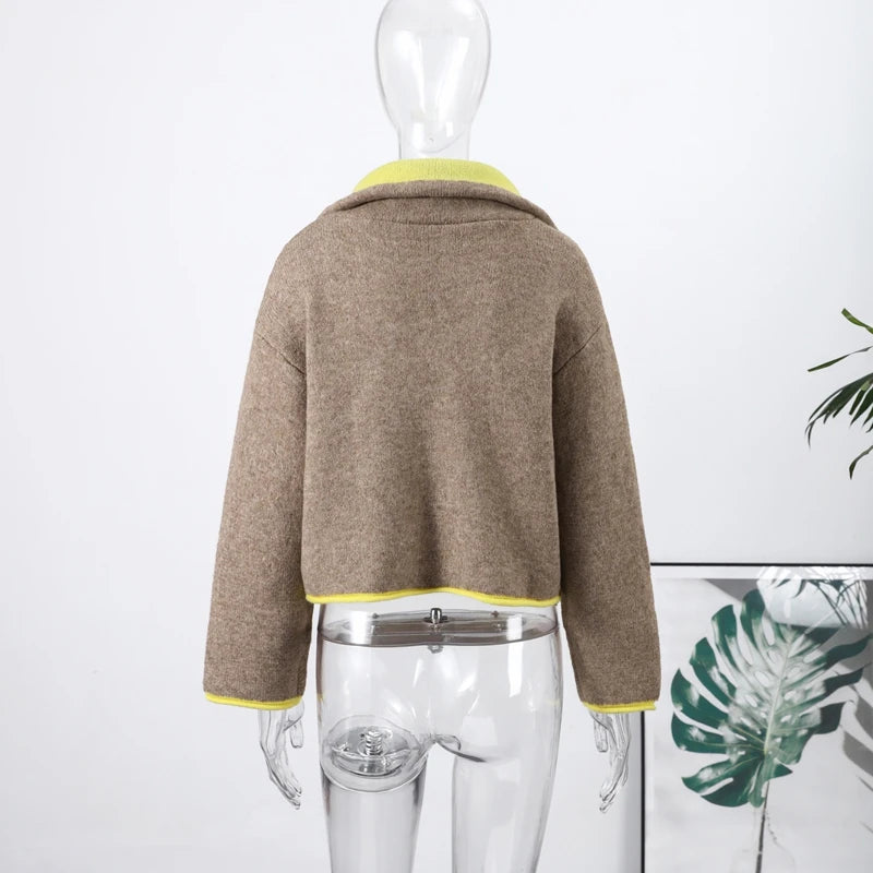 Women’s Contrast Knitted Cardigan Jacket – Elegant Long Sleeve Zipper